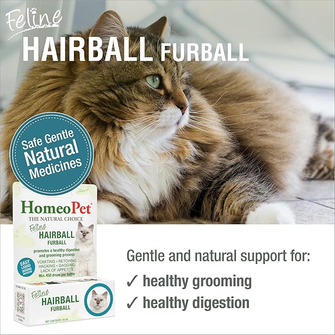 HomeoPet Feline Hairball Furball, Safe and Natural Furball Supplement for Cats, Cat Hairball Relief, 15 Milliliters
