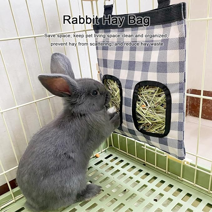 Rabbit Hay Feeder Bag, Large Capacity Rabbit Hay Bag Small Animal Hanging Hay Bag 600D Oxford Cloth Bunny Hay Feeder Bag for Rabbits Guinea Pigs Chinchillas (Plaid-2 Holes-2Pcs)