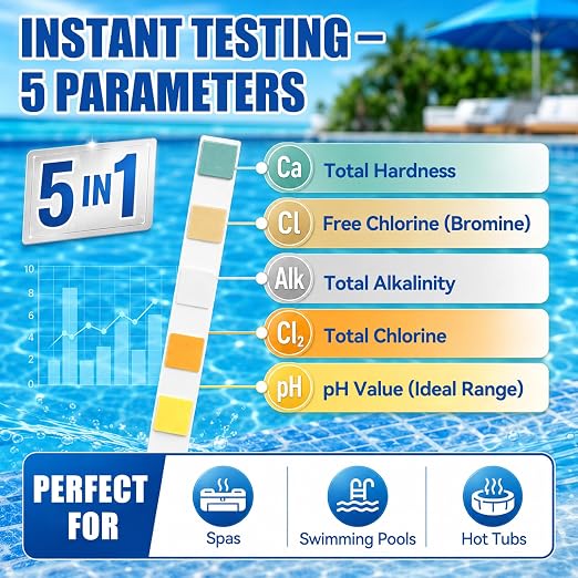 5 in 1 Pool Test Strips, for Water Pool & Hot Tub & Spa & Swimming Pools | Accurate Water Tester, Test for pH, Alkalinity, Free Chlorine,Total Chlorine &Hardness 50 Strips