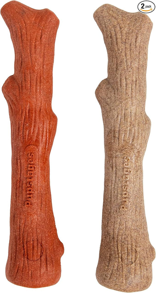 Pupstages Dogwood Mesquite Dog Chew Toy – Real-Wood Blend, Moderate Chewers, Medium, 7.5", 2-Pack (Natural & Mesquite Flavors)