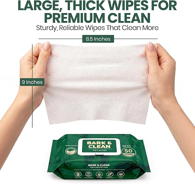 Bark & Clean Bamboo Dog Wipes for Cleaning & Deodorizing - 8.5" x 9" 110 Compostable Hypoallergenic Pet Wipes for Dogs - Paws, Butt & Body - Puppy Face, Ear & Eye Cloths - Pet Supplies