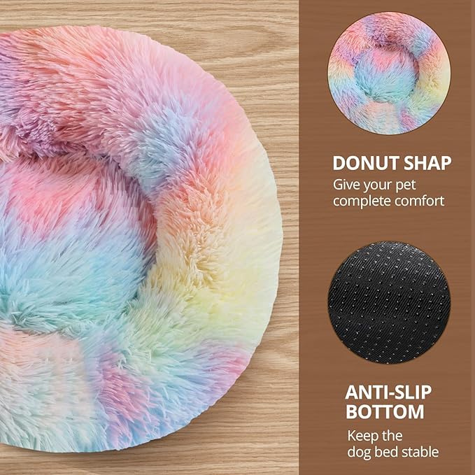 JOLLYVOGUE Calming Dog Bed Medium Size Dog, 31in Donut Washable Medium Pet Bed, Anti-Slip & Anti-Anxiety Fluffy Faux Fur Round Dogs Bed, Fits up to 45 lbs Pets (Rainbow)