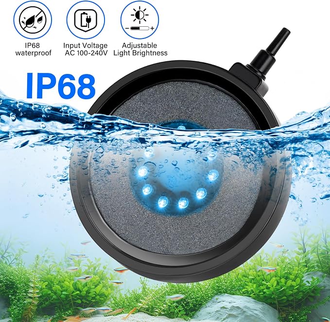 fishkeeper Aquarium Air Bubble Light, LED Fish Tank Bubbler Stone Disk | 11 Super Bright Lamp Beads, 16 Colors, 4 Modes, 7 Brightness Adjustable for Fish Tank Decoration, IP68 Waterproof