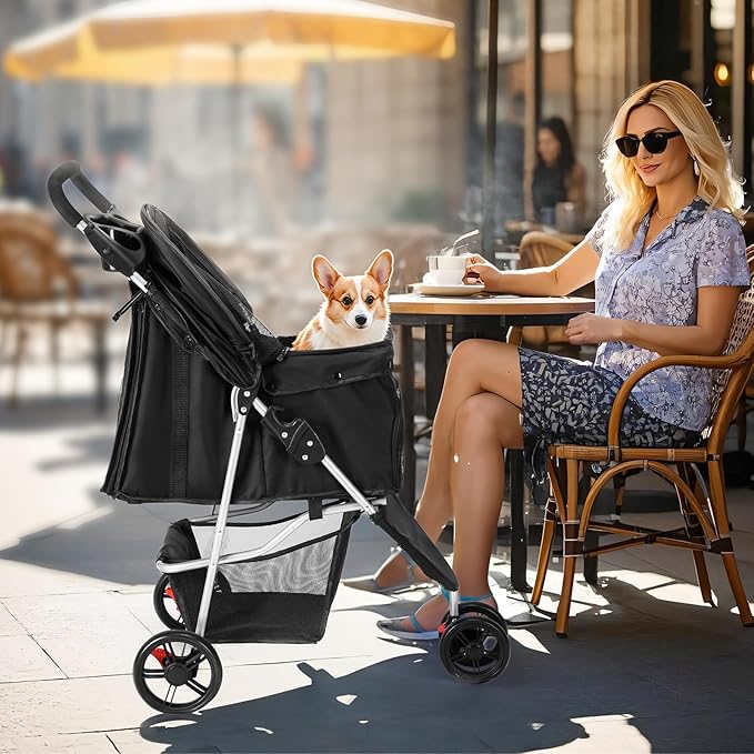 Sweetcrispy 3 Wheels Pet Stroller for Small Dogs and Cats, Foldable Dog Stroller with Mesh Windows, Storage Basket and Cup Holder, Lightweight & Durable Pet Carrier for Travel, Outdoor Use, Black