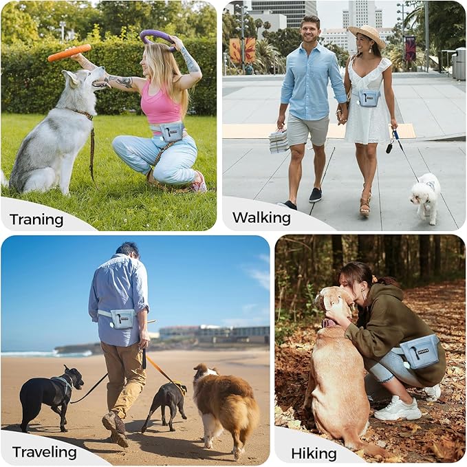 Dog Treat Pouch, Powerful Magnet Closure Device Dog Training Treat Bag Large Capacity Pet Treat Pouch with Poop Bag Dispenser Treat Bag for Dog Training with Metal Waistband Clip (Light Blue)