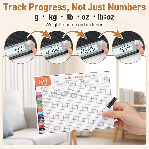 Digital Pet Growth Scale for Weight Tracking, Baby & Pet Scale for Kittens, Puppies, Cats and Small Dogs, 40g–30kg / 66lb Range, LED Display with Hold Function, Pet Tray & Record Card