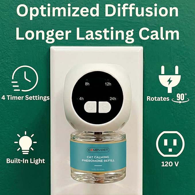 60-Day Cat Calming Diffuser Kit – 2-Pack | 2 Pheromone Diffuser + 2 Refills (48ml Each) | Reduces Anxiety, Spraying, Scratching & Meowing | Timer Modes to Extend Refill Life