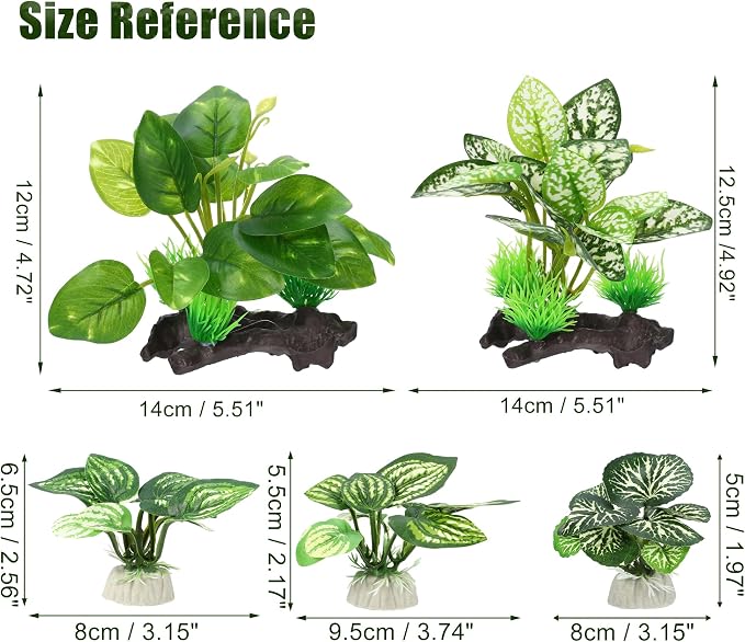 Aquarium Plastic Plants, Driftwood Betta Silk Plants, Silk Plants Aquarium Set Decorations, Silk Aquarium Plants for Betta Fish (Green, 5pcs)