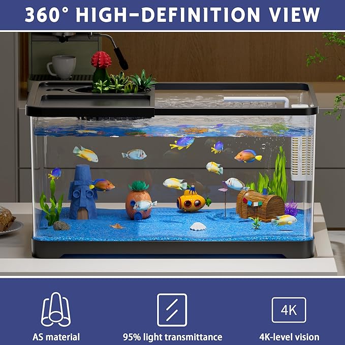 5.3 Gallon Fish Tank, 9 in 1 Betta Fish Tank, Aquarium with LED Full Spectrum 3 Color Light, 3 Modes Filter, Hydroponic Basket, Fishing Net, Shells, Aquatic Plant, Coral, Pebbles, Starter Kit (Black)