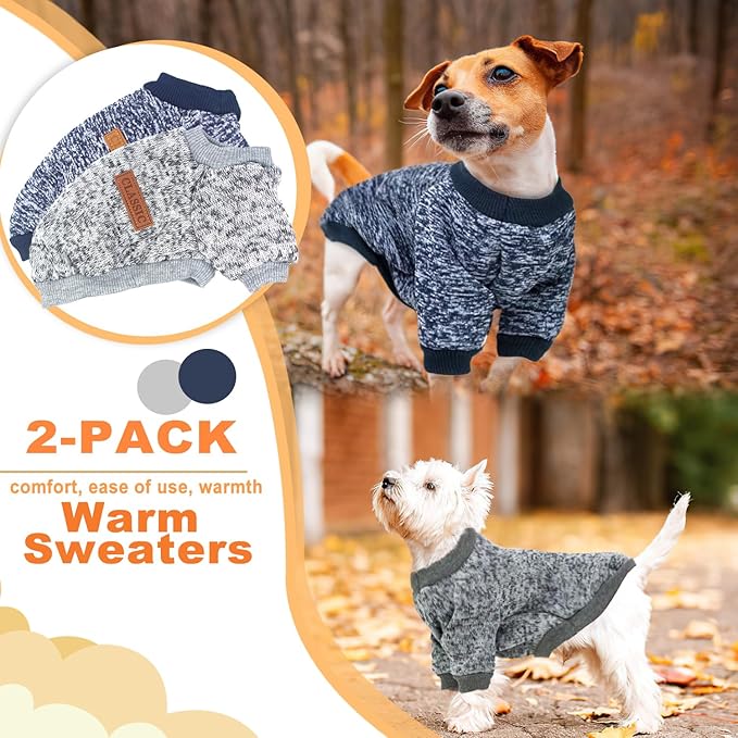 2 Pieces Dog Sweaters for Small Dogs Fall Dog Clothes Male Winter Fleece Dog Sweaters Warm Thick Pet Outfit Coat Small Dog Sweater for Boy Girl Dogs, Yorkie, Chihuahua, Pug, Cat, Pug,S,Grey Navy
