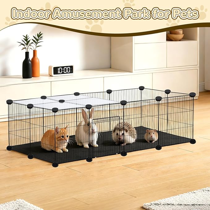 PETKNOWS 21 Panels Small Animal Playpen, Guinea Pig Cages with Doors and Waterproof Mat Pet Playpen for Rabbits Guinea Pigs Hamsters, Chicken Hedgehogs Indoor Outdoor Portable Metal Wire Yard Fence