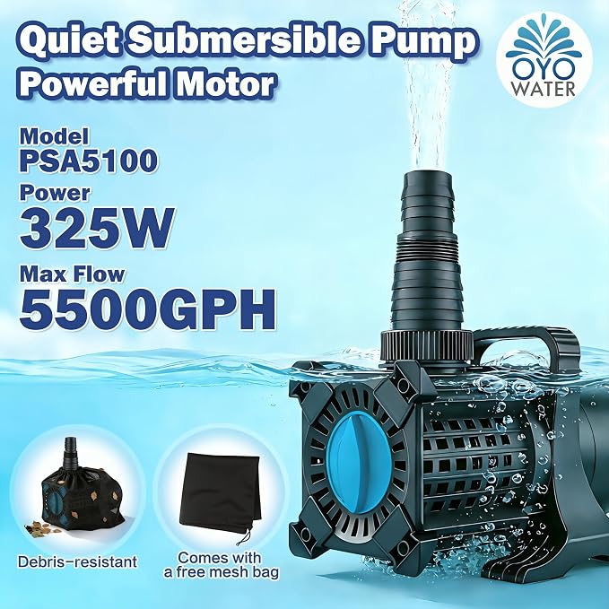 Pond Pump, 5100 GPH Adjustable Flow Submersible Water Pump with Filter Bag, UL Listed Copper Motor, IPX8 Waterproof 20.3ft Cord for Koi Pond, Fountain, Waterfall, Hydroponics, Irrigation