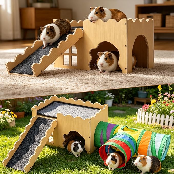 Guinea Pig Hideout Cave House - Natural Rock-Style Small Animal Hideaway for Guinea Pigs & Rabbits, Extra Large Indoor Habitat with Waterproof Liner Included, Chew Proof（Tunnel Style）
