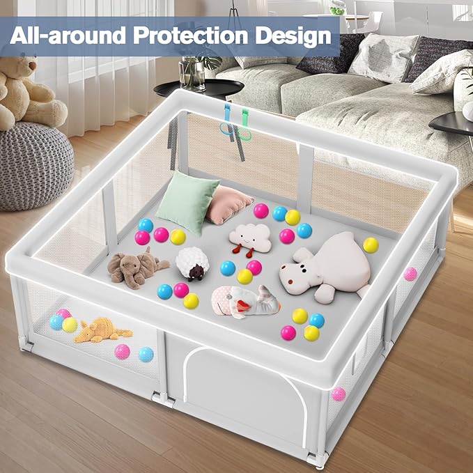 Baby Playpen with Balls and Pull Rings for Babies and Toddlers 50 x 50 inch, Play Yards Indoor, Sturdy Safety Play Pen with Soft Breathable Mesh, Baby Fence