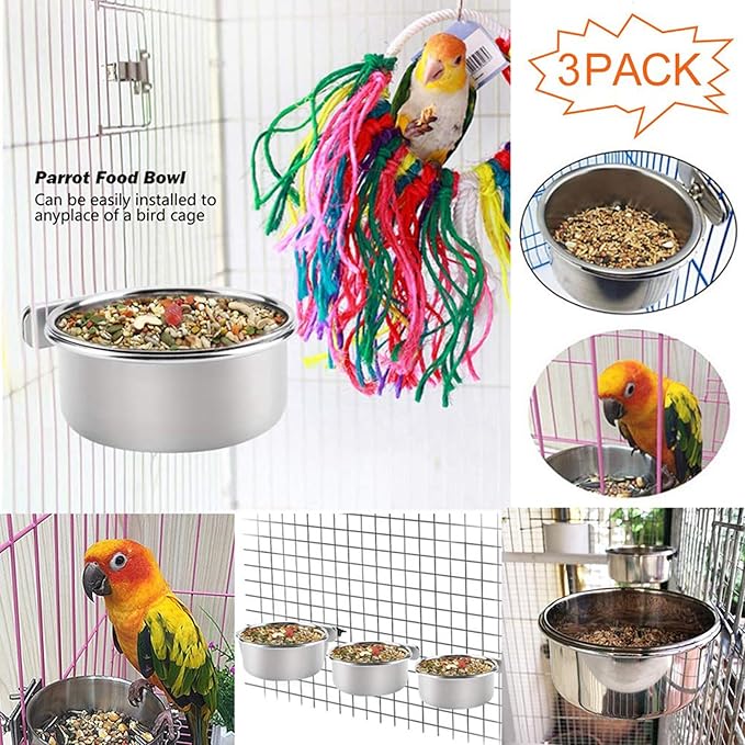 PINVNBY Stainless Steel Bowls for Birds,Parrot Feeding Dish Cups Parakeet Food Water Dishes with Clamp Holder Perches for Cockatiel Budgies Macaw Small Animal Chinchilla(5 Pack)