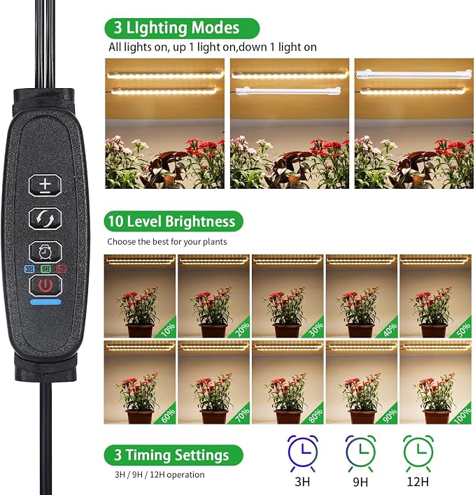 8.6'' Mini LED Grow Light Strips, Full Spectrum 3000K, 52 LED Plant Light with 3/9/12H Timer, 10 Dimmable Levels for Seedling, Succulent and Plant Shelf, 2 Head