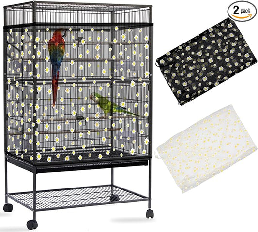 Daoeny 2PCS Bird Cage Seed Catcher, Large Bird Cage Cover, Adjustable Soft Airy Nylon Mesh, Birdcage Cover Skirt Seed Guard for Parrot Parakeet Macaw Round Square Cages (Black & White Daisy)