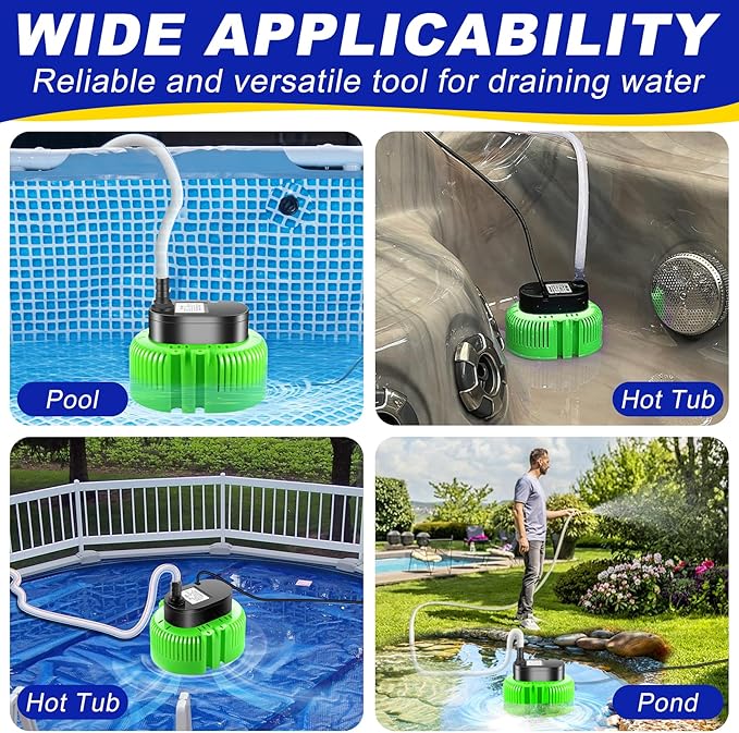 Pool Cover Pump above Ground-Submersible Sump Pump Swimming Water Removal Pumps, Sump Pumps for Pool Draining with 16ft Drainage Hose & 25 ft Extra Long Power Cord,850 GPH,3 Adapters-Green