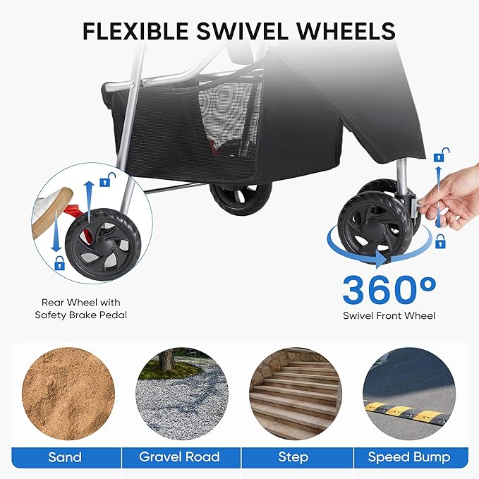 NEWBULIG 3 Wheel Pet Stroller for Dogs and Cats, Foldable, Lightweight and Durable, Ideal for Small to Medium Pets, Includes Storage Basket and Cup Holders