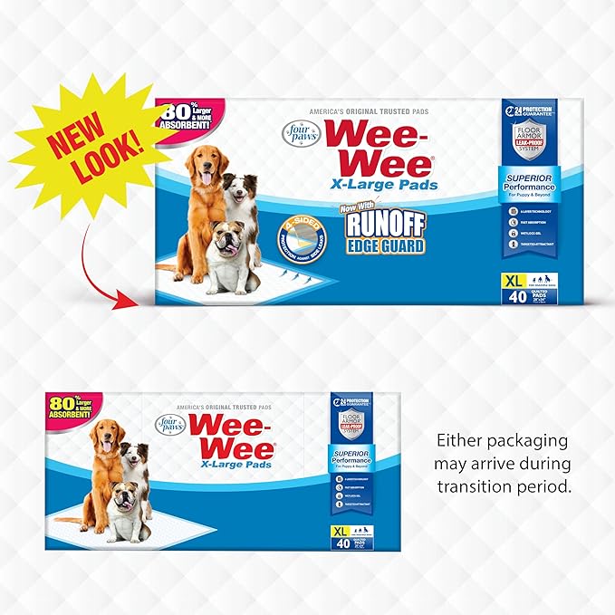 Four Paws Wee-Wee Superior Performance Pee Pads for Dogs with Runoff Barrier Edge Guard Protection, Puppy & Dog Potty Training Pads, Housebreaking Supplies, 28" x 34" (6 Count)