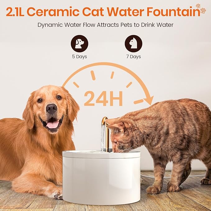 MISFANS Ceramic Cat Water Fountain - 2.1L/71oz - All-Ceramic Body & Pure Copper Water Spout - Non-Toxic - Automatic Pet Drinking Fountain Indoor with Ultra-Quiet Pump, and 3Pcs Filter & Sponge (White)