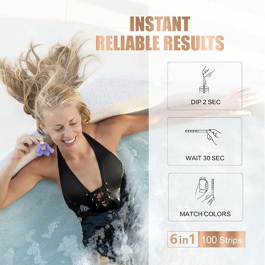 DIPSTIK Pool and Spa Test Strips-6 in 1 Hot Tub Test Strips,100 Counts | Accurate Swimming Water Test for pH, Total Hardness, Bromine, Free Chlorine, and Total Chlorine Test Strips,