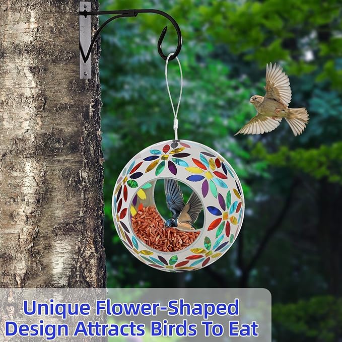 VOREEN Mosaic Glass Bird Feeder, Handcrafted Hanging Fly-Through Feeder for Outdoor Garden & Backyard, Decorative Wild Bird Feeder with Steel Wire Cable, Mosaic Colorful Flowers