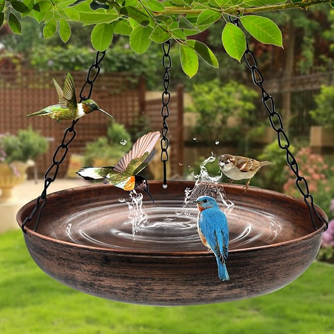 Hanging Bird Bath for Outside, 10" Metal Bird Bath Bowl with Chains & Hook Outdoor Hanging Birdbath for Tree, Gazebo, Patio, Balcony, Gift for Bird Lovers