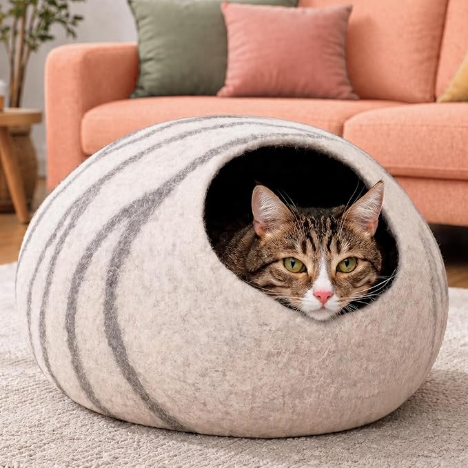 MEOWFIA Cat Cave – Premium Felt Cat Bed for Indoor Cats, Handmade Merino Wool (Light Grey, Medium)