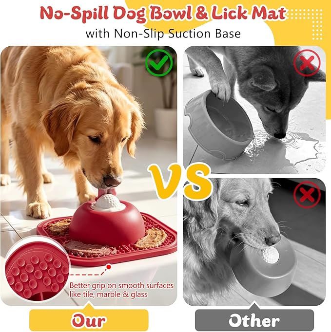 PetsHome Slow Feeder Dog Bowls & Lick Mat for Liquid and Thick Treat, Anti-Slip Dog Lick Bowl with Interactive Rolling Ball, 5/6 Cup Pup Licking Toy for Large Medium Small Dogs and Cats Red