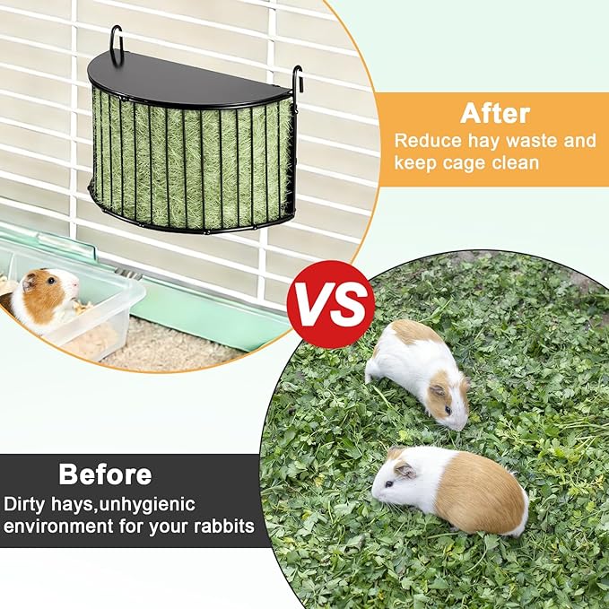 Upgraded Hay Rack for Rabbits, Bunny Feeder for Guinea Pigs Chinchillas, Black, Hanging Hay Feeder with Lid, Bunny Feeding Holder, Metal, Semicircular, Chinchilla Cage Accessories