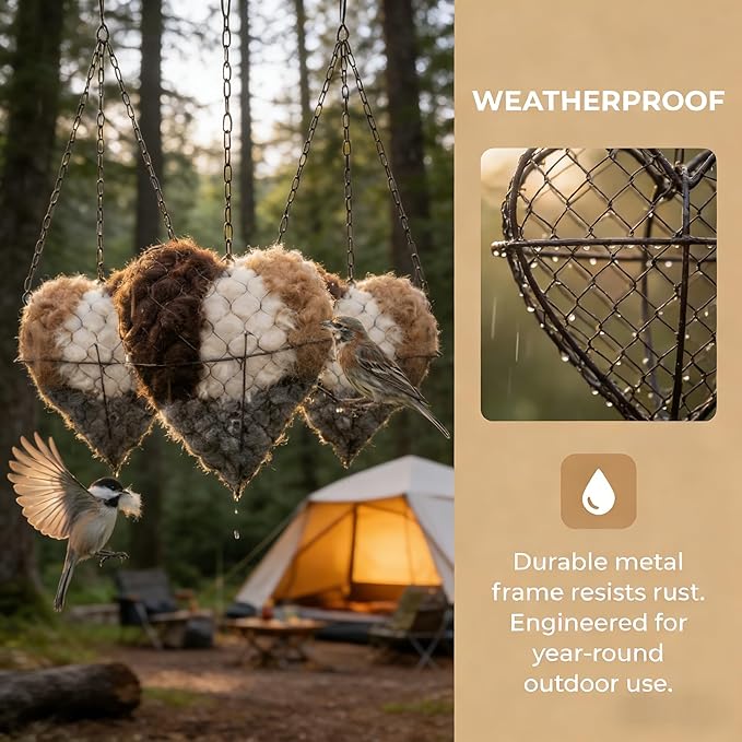 Handmade Alpaca Fiber Bird Nesting Heart, Refillable Nesting Material Accessory for Wild Birds, Outdoor Garden Decoration, Gift for Bird & Nature Lovers, Hummingbird Nesting Material (2 set)