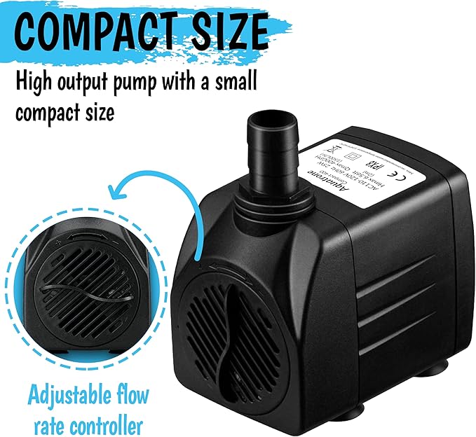 400GPH Submersible Pump 25W - Ultra Quiet Fountain Water Pump, 1500L/hr, 6.56ft High Lift, 3 Nozzles - Submersible Water Pump for Aquarium, Fish Tank, Pond, Hydroponics, Statuary (Compact 400GPH)