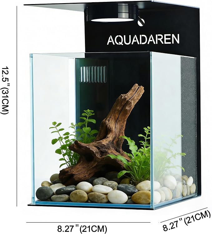 Fish Tank 2.7 Gallon (11L), Glass Nano Aquarium Kit with Water Filter Pump, Iron Tray, & LED Light, Ideal for Small Fish, Shrimp and Plants, Black