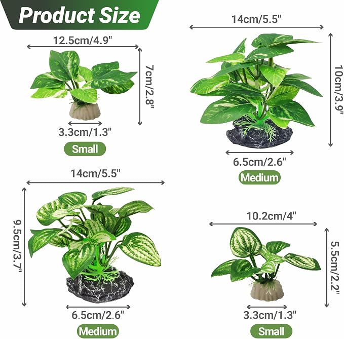 GOZILLA Silk Fish Tank Plants,Reptile Artificial Plant,Reptile Plants for Terrarium,Aquarium Decorations Accessories Set,Resin Pedestal Silk Aquarium Plant for Fish Tank.(4PCS/A-Set)