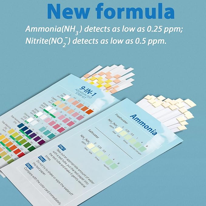 10-in-1 Ammonia Test Kit Aquarium (100 Strips): 50 Multi-Test + 50 Ammonia | Aquarium Test Strips for Freshwater & Saltwater. for Fish Tanks, Aquariums & Pond Water Test kit. Test Nitrate, pH & More