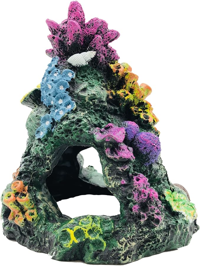 GSD Aquarium Colorful Coral Reef Set Fish Tank Decoration Mountain Ornament for Aquarium Environments Decor Accessories, Coral Mountain x 1, Aquatic Plant x 4 (Pack of 2)