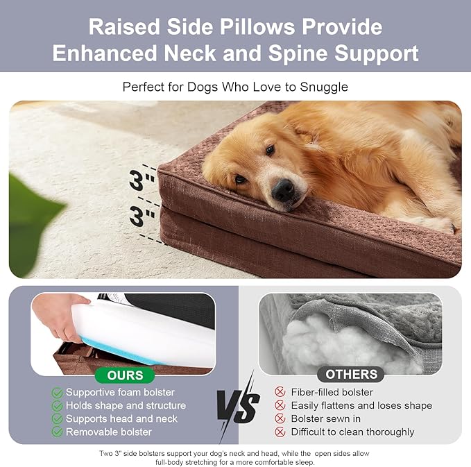 Rainmr Orthopedic Dog Beds for Large Dogs, Memory Foam Dog Beds Large Sized Dogs, Washable Removable Cover, Nonskid Bottom, Waterproof, for Indoor, Outdoor, Crate ＆ Car Use, 36x27x6 Inches, Brown Grey
