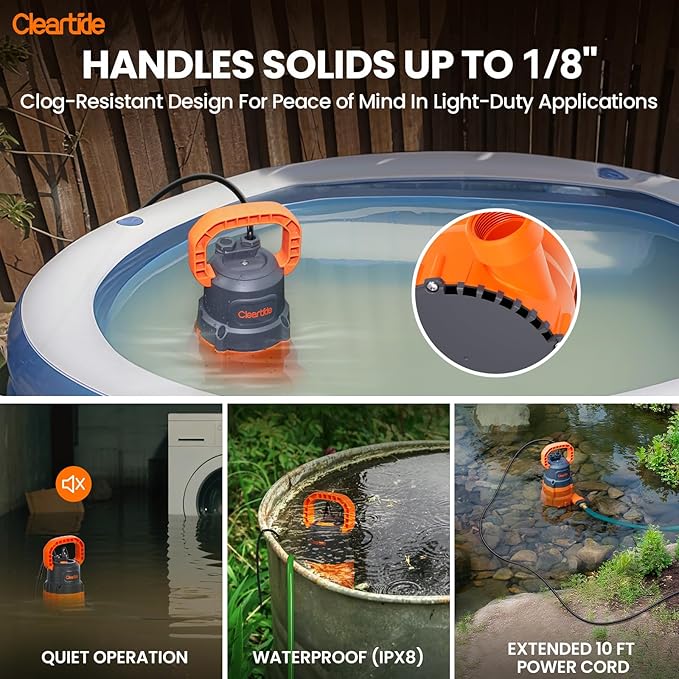 Cleartide Submersible Utility Water Pump, 8160 LPH High Flow, 100% Copper Motor, Thermoplastic Portable Plug & Work, Ideal for Pool, Flooded Basement, Hot Tub, Pond & Garden Draining,10 FT Cord