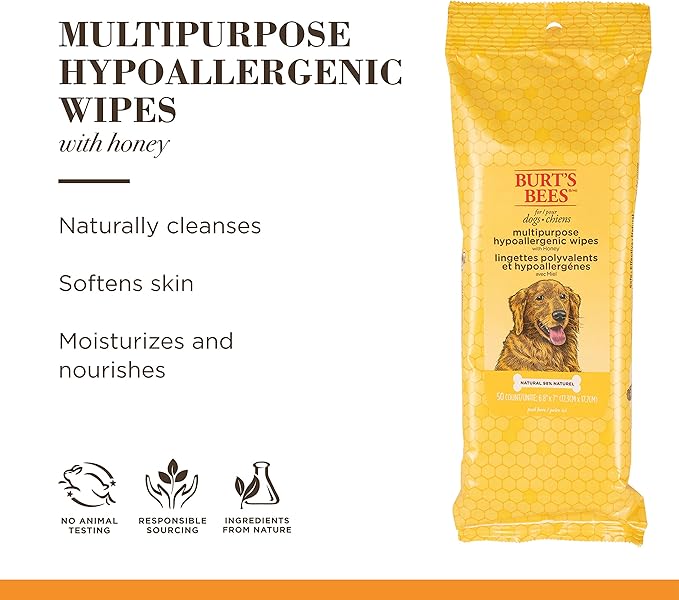 Burt's Bees for Pets Honey Multipurpose Dog Grooming Wipes, Gentle Hypoallergenic Spot Cleaning Sheets, pH Balanced Natural Origin Formula for Paws, Face and Butt, 50 Count - 2 Pack