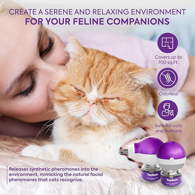 TopSum Cat Calming Pheromone Diffuser: Feline Pheromones Plug in for Stress, Along At Home, Spraying, Fighting, Scratching, Aggression & Excessive Meowing (Purple– 1 Refill)