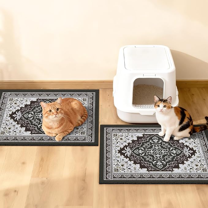 Glittme 2PCS Cat Litter Mat with Non-Slip Bottom Litter Box Mat 24"X15" Litter Trapping Mat Easy to Clean Washable Cat Food Mat for Kitty,S