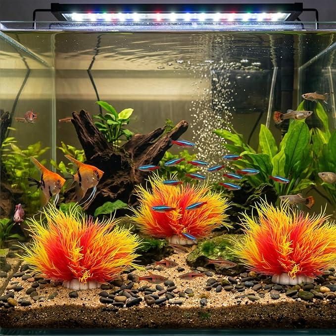 3 Pack Aquarium Plants Realistic Fish Tank Plants, Pink and Yellow | Plastic, with Weighted Base, Small Round Aquarium Decor, for Betta Tanks, Aquascaping, Reptile Terrariums
