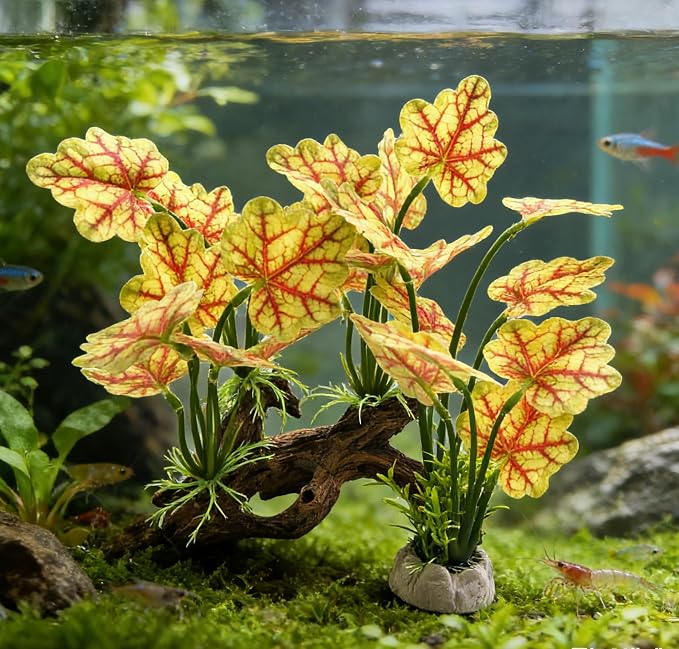 M2cbridge Fish Tank Plastic Soft Grass Artificial Betta Water Plants Yellow | base shaped of tree trunk, zero maintenance, soft without scratching