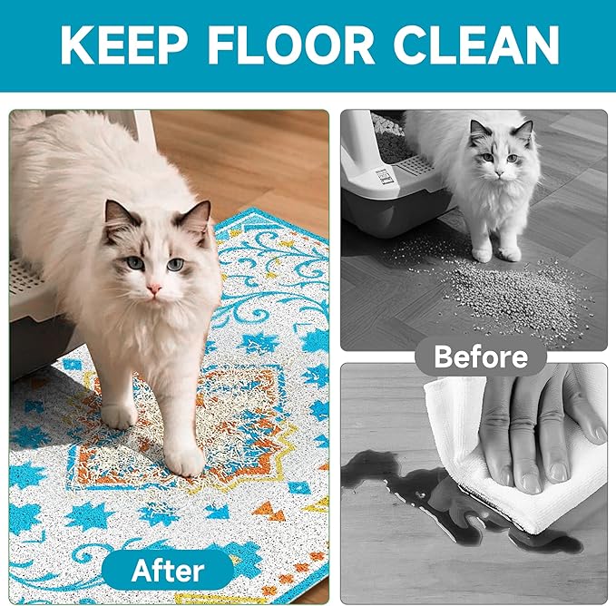 Cat Litter Mat, 35" x 23" Litter Box mat, Traps 100% Litter, Non-Slip Kitty Litter Trapping mats, Large Cute Litter mat, Easy Clean for Scatter Control, Bohe cat Food mat, Urine Waterproof