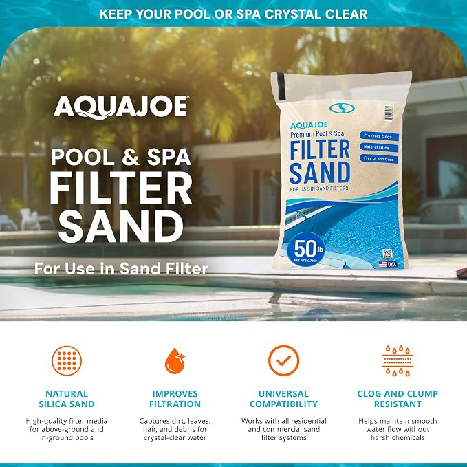 Aqua Joe Premium Pool & Spa Filter Sand, 50 Lb Bag, FLTSAND50 | Natural Silica, Above Ground & Inground Swimming Pool System Accessory - Care, Cleaning & Maintenance