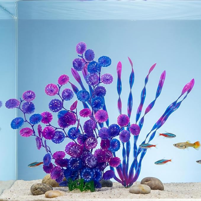 LIYAOLI Silk Aquarium Plants Decorations 12 Inch 2 Pack – Realistic Artificial Fake Plants for Betta Fish Tank Decor Accessories (2Pack-Purple)