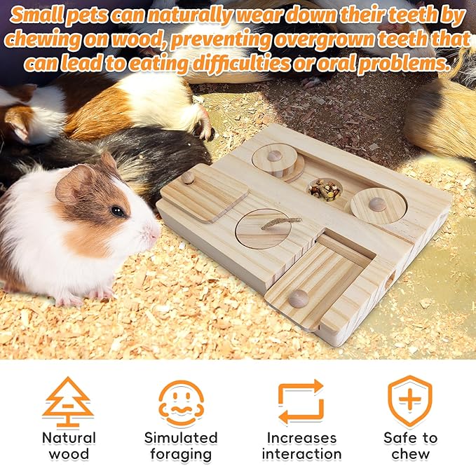 PINVNBY Guinea Pig Foraging Toy Sniff n' Snack Bunny Chew Toys Small Animal Wooden Enrichment Toys with 2 Balls Interactive Treat Dispenser for Rabbit Hamster Chinchillas Rats and Gerbils