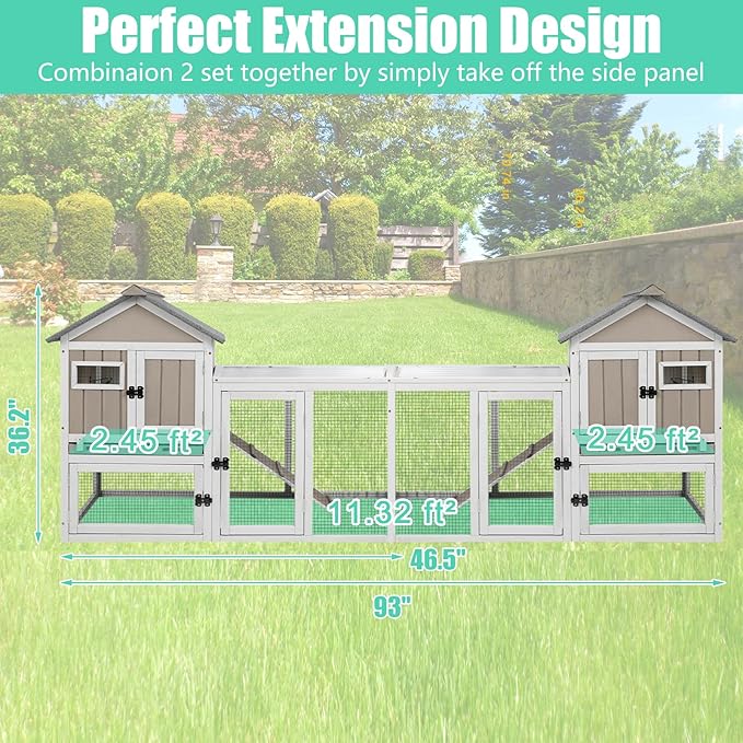 Gowoodhut 46.5" L Rabbit Hutch Indoor Outdoor Rabbit Cage with Run, Pull Out Tray, Asphalt Roof Large 2 Story Bunny Hutch Wooden Chicken Coop Guinea Pigs Pet House Cage for Small Animals,Grey