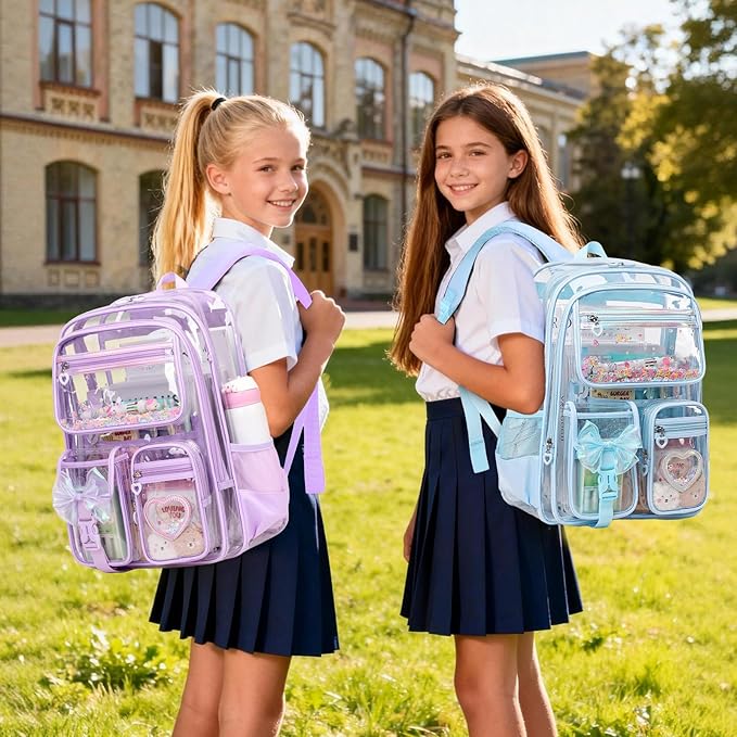 MOONBABY Clear Backpack for Girls, Clear Bookbag Heavy Duty Transparent Backpack for Stadium Events, See Through Back Pack for Kindergarten Elementary Middle High School, Blue